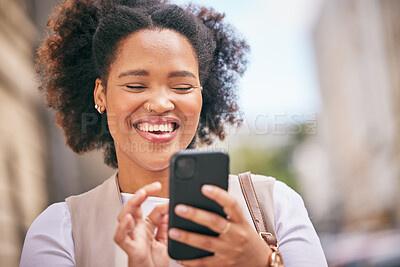 Buy stock photo Phone, happy and business woman on social media and travel in city typing, online or internet for reading. Connection, African and person smile while texting contact via email, web or mobile app