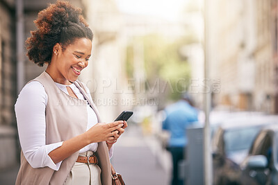 Buy stock photo Phone, city and business woman walking and travel in a town typing on social media, online or internet. Connection, smile and happy African person texting a contact via email, web or mobile app