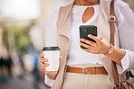 Phone, coffee and employee walking and travel in city typing on social media, online or internet to connect. Connection, gps and person texting a contact via email, web or mobile app in the morning