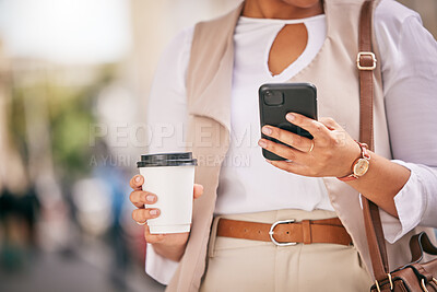Buy stock photo Phone, coffee and hands of person walking and travel in city typing on social media, online or internet. Connection, gps and employee texting a contact via email, web or mobile app in the morning
