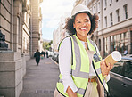 Happy woman, portrait and architect with blueprint in city for construction, ambition or outdoor career. Female person, contractor or engineer smile with documents or floor plan for urban project