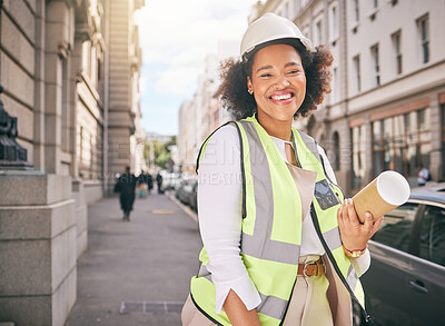 Buy stock photo Happy woman, portrait and architect with blueprint in city for construction, ambition or outdoor career. Female person, contractor or engineer smile with documents or floor plan for urban project
