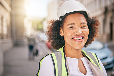 Buy stock photo Happy woman, portrait and architect in city for construction, industrial ambition or outdoor career. Face of female person, contractor or engineer smile for architecture or building in urban street