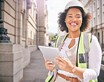 Happy woman, portrait and architect with tablet in city for construction, building or outdoor planning on site. Female person, engineer or contractor smile with technology for industrial architecture
