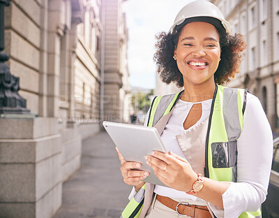 Buy stock photo Happy woman, portrait and architect with tablet in city for construction, building or outdoor planning on site. Female person, engineer or contractor smile with technology for industrial architecture
