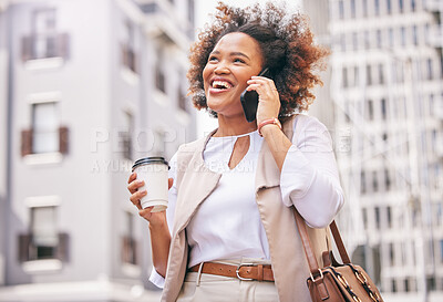 Buy stock photo Phone call, woman and coffee break in the city for business, meeting and conversation, communication or network connection. Work, discussion and African businesswoman walking in morning to office