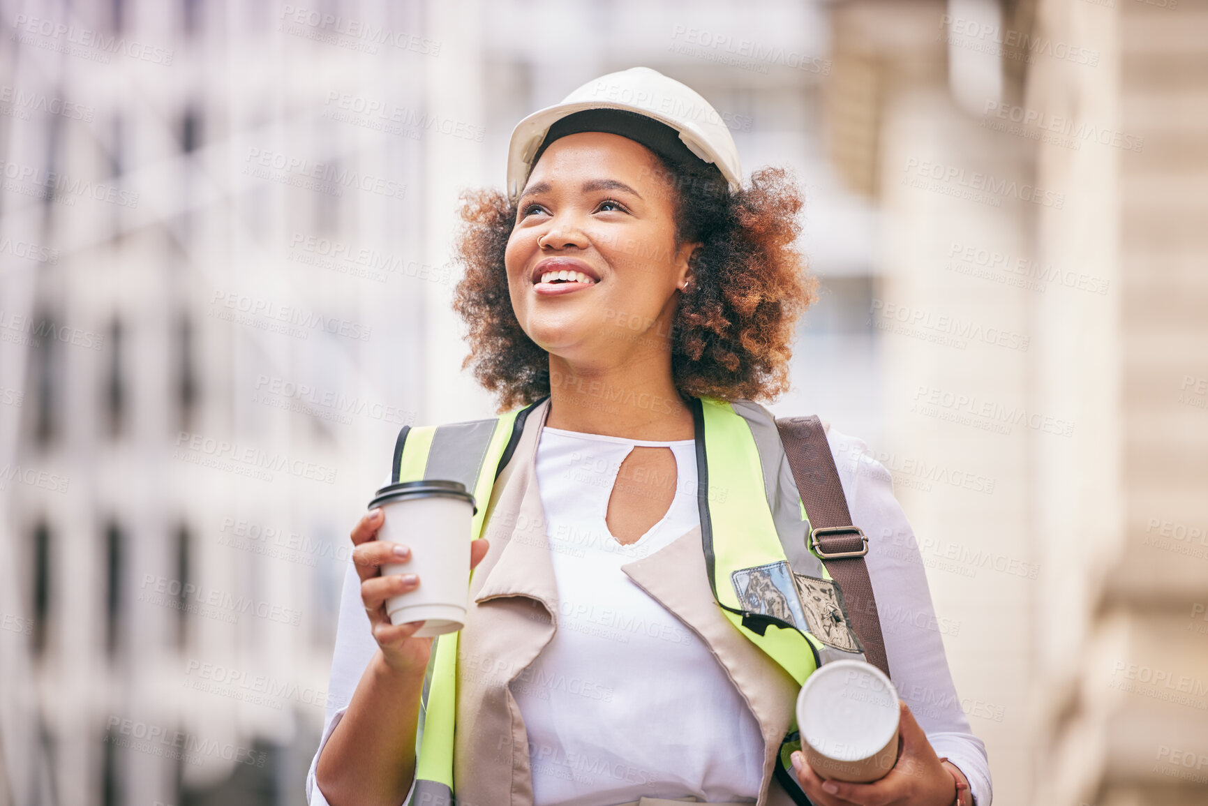 Buy stock photo Construction, woman and city for inspection with plan of coffee for design of buildings site. Female architect, contractor and working in town for development with hot beverage for architecture job.