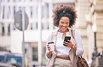 Phone, coffee and business woman travel and walking in a city typing on social media, online or internet to connect. Connection, smile and happy person texting a contact via email, web or mobile app