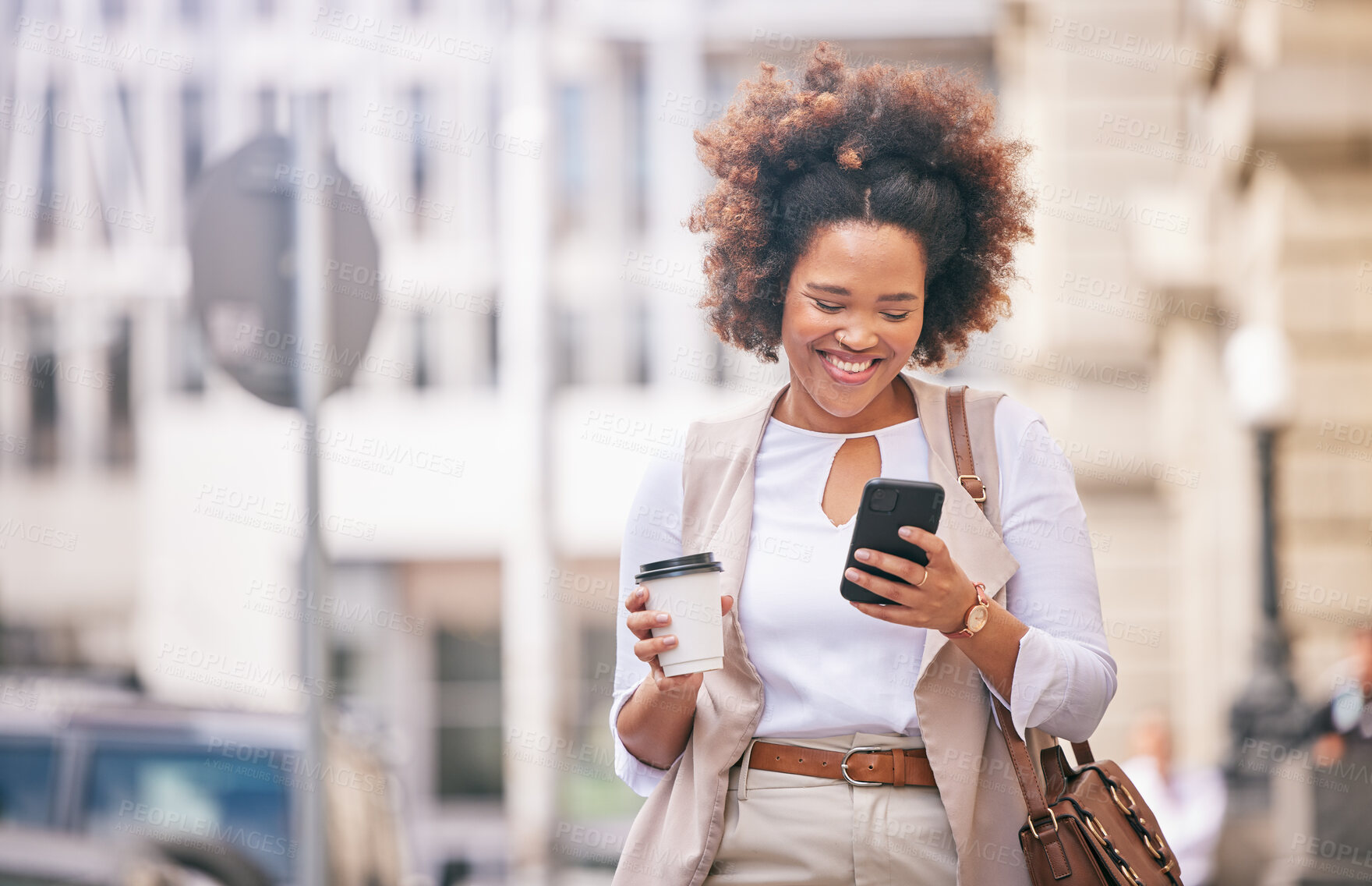 Buy stock photo Phone, coffee and business woman travel and walking in a city typing on social media, online or internet to connect. Connection, smile and happy person texting a contact via email, web or mobile app
