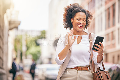 Buy stock photo Phone, video call and business woman travel and walking in city on social media, online or internet to connect. Connection, smile and happy person wave to contact via web or mobile app communication