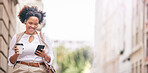 Phone, mockup and business woman travel and walking in a city typing on social media, online or internet to connect. Connection, smile and happy person texting a contact via email, web or mobile app