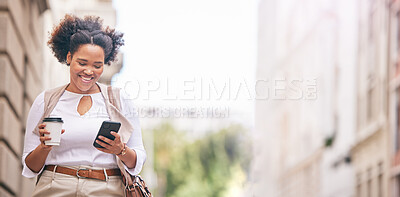 Buy stock photo Phone, city and business woman travel and walking in a town typing on social media, online or internet with space. Connection, street and happy person texting a contact via email, web or mobile app