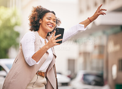 Buy stock photo Happy woman, phone and taxi in city for travel, waiting or transportation in street or outdoor road. Female person waving hand for ride service, lift or destination in urban town with smartphone app