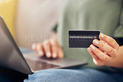 Buy stock photo Hands, credit card and laptop on sofa, home and closeup for online shopping, sale or payment with internet banking. Woman, pc and fintech app for cybersecurity, discount or deal with e commerce store