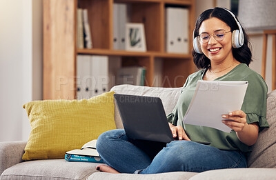 Buy stock photo Laptop, documents and remote work with a freelance woman working online for a business startup. Computer, music and headphones with a happy young female entrepreneur reading information in her home