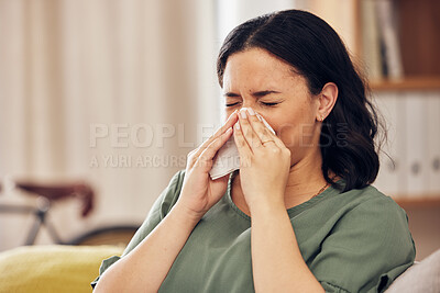 Buy stock photo Sick, allergy and blowing nose with woman on sofa for virus, hayfever or illness. Healthcare, disease and allergies with person and sneezing with tissue in living room at home for influenza and sinus