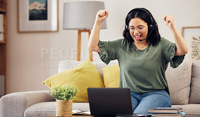 Buy stock photo Winner, success and woman for call center, work from home opportunity and sales, target or bonus on laptop. Yes, wow and young person or consultant for e learning goal, online results or news on sofa