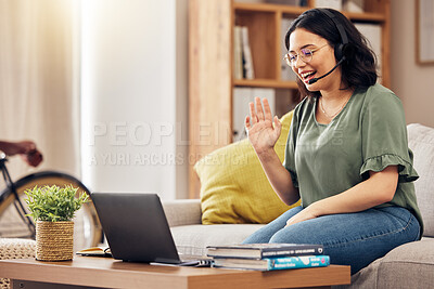 Buy stock photo Video call, online education and woman or student on sofa for work from home, e learning and virtual class. Hello, wave and young african person on couch and laptop for webinar teaching or university