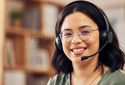 Buy stock photo Customer service, call center and portrait of a woman in the office with a headset working on an online consultation. Happy, smile and professional female telemarketing consultant in the workplace.