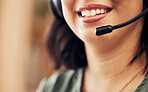 Call center, mouth and happy woman, consultant or advisor talking, virtual communication or technical support. Insurance agent, person and speaking on headphones, helping and customer service closeup
