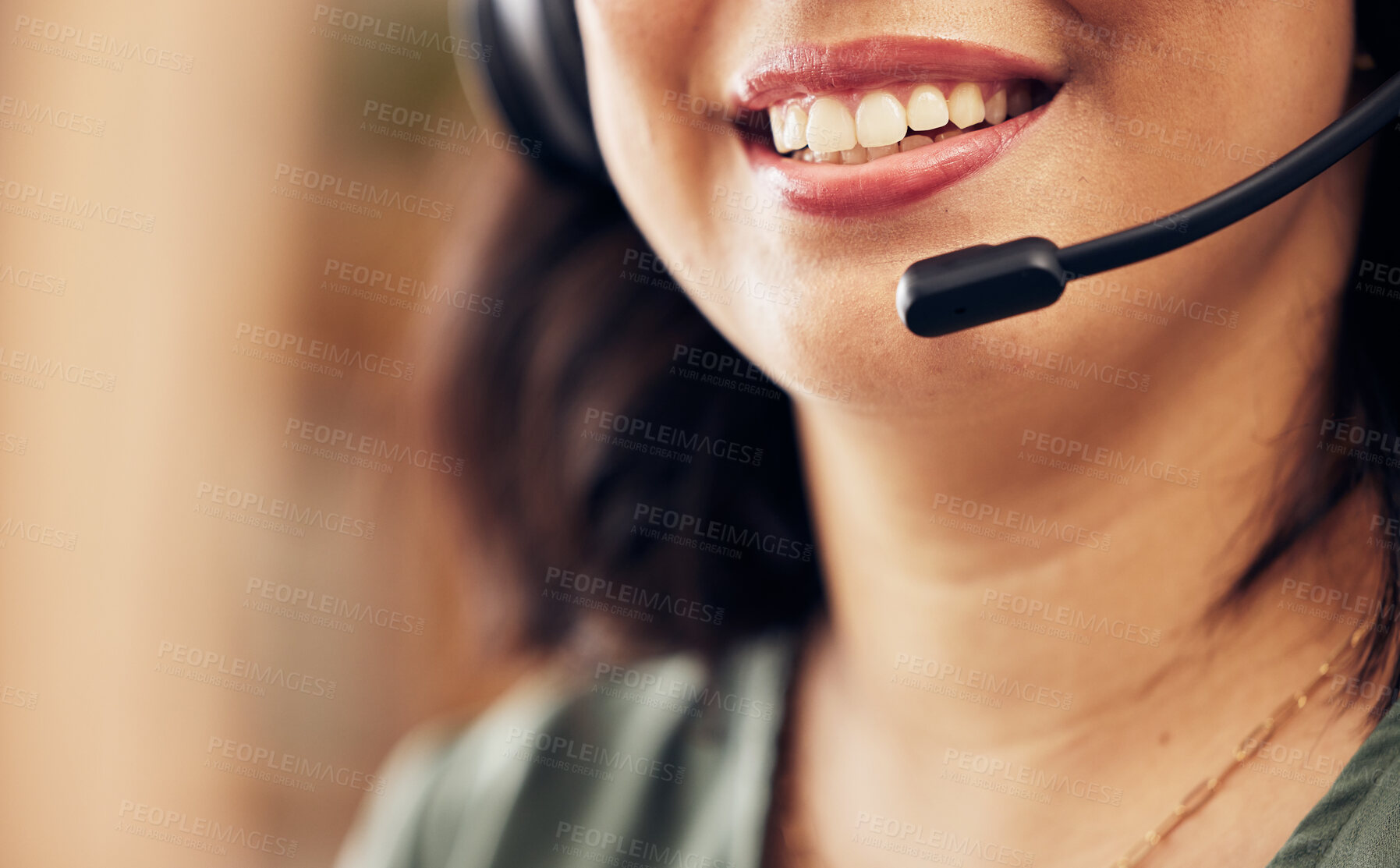 Buy stock photo Call center, mouth and happy woman, consultant or advisor talking, virtual communication or technical support. Insurance agent, person and speaking on headphones, helping and customer service closeup