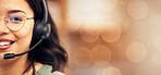 Call center, half face and portrait of a woman with a headset for an online consultation by bokeh. Happy, smile and professional female customer support consultant with crm service by mockup space.