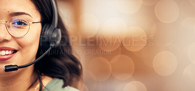 Buy stock photo Call center, half face and portrait of a woman with a headset for an online consultation by bokeh. Happy, smile and professional female customer support consultant with crm service by mockup space.