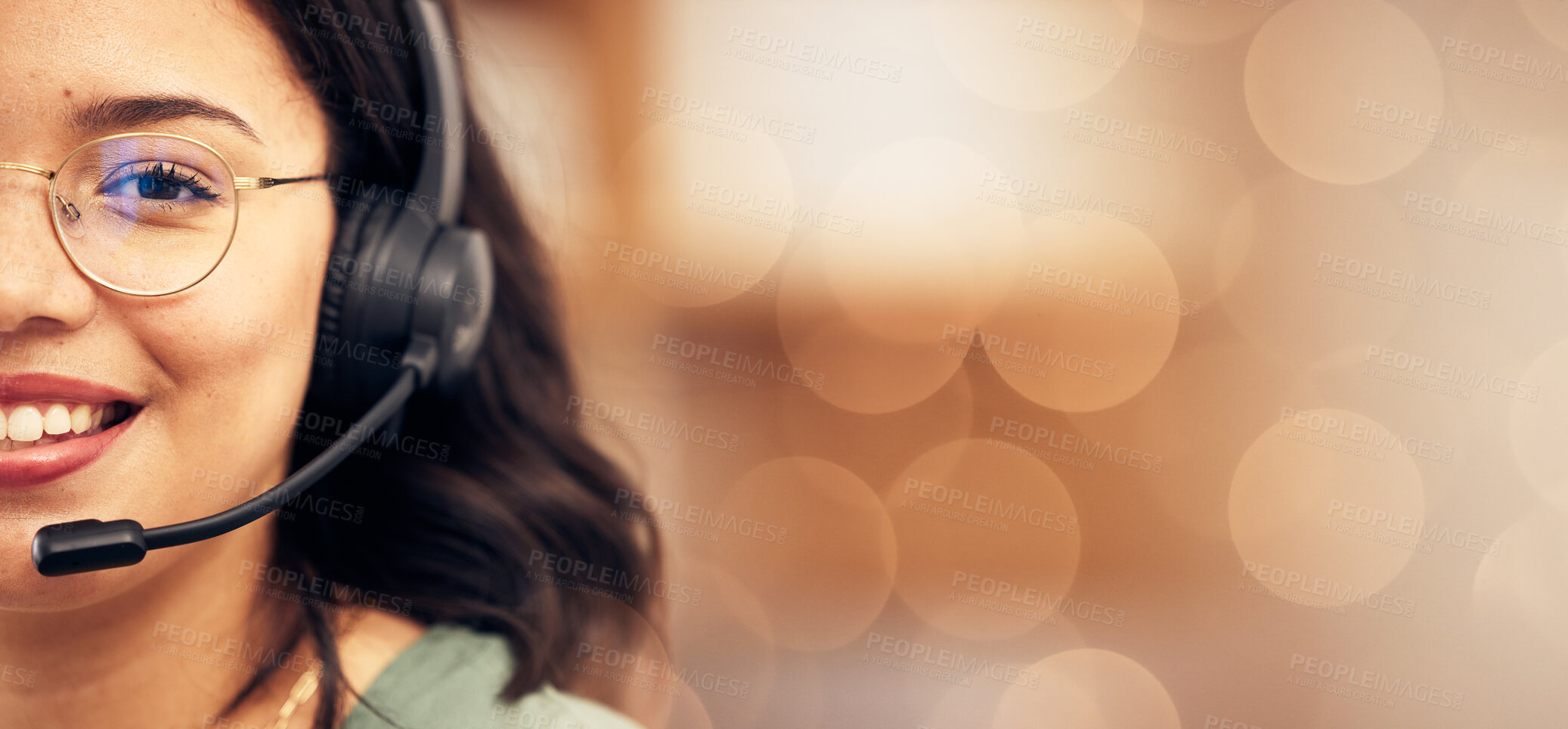 Buy stock photo Call center, half face and portrait of a woman with a headset for an online consultation by bokeh. Happy, smile and professional female customer support consultant with crm service by mockup space.