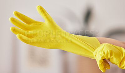Buy stock photo Hand, gloves and cleaning service for bacteria in home with safety from germs or dirt or mockup. Cleaner, dust and rubber protection for household maintenance in apartment for hygiene or wellness.