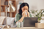 Remote work from home, sneeze and woman with a laptop, sick and illness with fatigue. Female person, freelancer or entrepreneur blowing her nose, virus and flu with online consultation with allergies