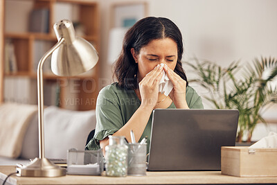 Buy stock photo Remote work from home, sneeze and woman with a laptop, sick and illness with fatigue. Female person, freelancer or entrepreneur blowing her nose, virus and flu with online consultation with allergies