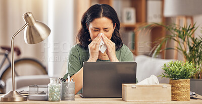 Buy stock photo Remote work from home, sneeze and woman with a laptop, virus and illness with disease. Female person, freelancer and entrepreneur blowing her nose, covid and flu with online consultation with doctor