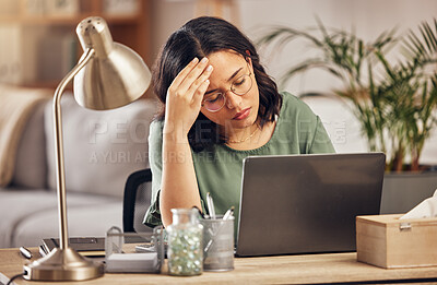 Buy stock photo Remote work from home, laptop and woman with a headache, stress and exhausted with health issue. Female person, freelancer or entrepreneur with a migraine, burnout and overworked with pain or fatigue