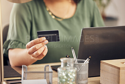 Buy stock photo Hands, credit card and laptop on desk, payment and home office for online shopping, sale and banking on internet. Woman, pc and fintech app for cyber security, discount or deal with e commerce store