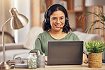 Woman, portrait and smile in home office for call center job, headphones and mic for crm communication with laptop. Customer service, tech support and pc for remote work, help desk and telemarketing