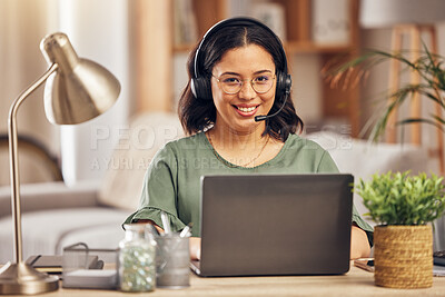 Buy stock photo Woman, portrait and smile in home office for call center job, headphones and mic for crm communication with laptop. Customer service, tech support and pc for remote work, help desk and telemarketing