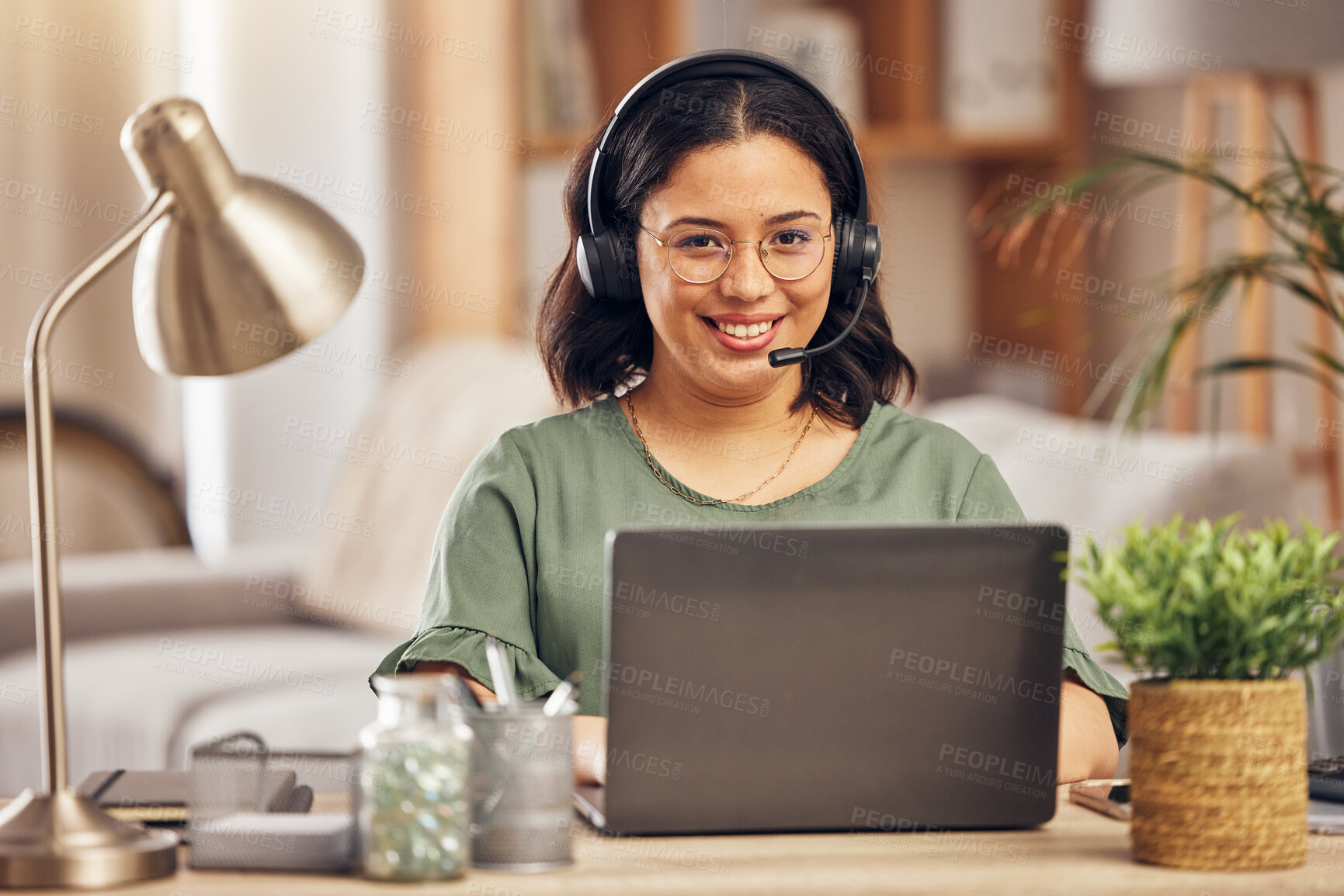 Buy stock photo Woman, portrait and smile in home office for call center job, headphones and mic for crm communication with laptop. Customer service, tech support and pc for remote work, help desk and telemarketing