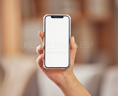 Buy stock photo Hand, phone and blank or mockup screen for advertising website, internet connection or network. Person with a smartphone and space for ux, mobile app ui or digital marketing and branding promotion