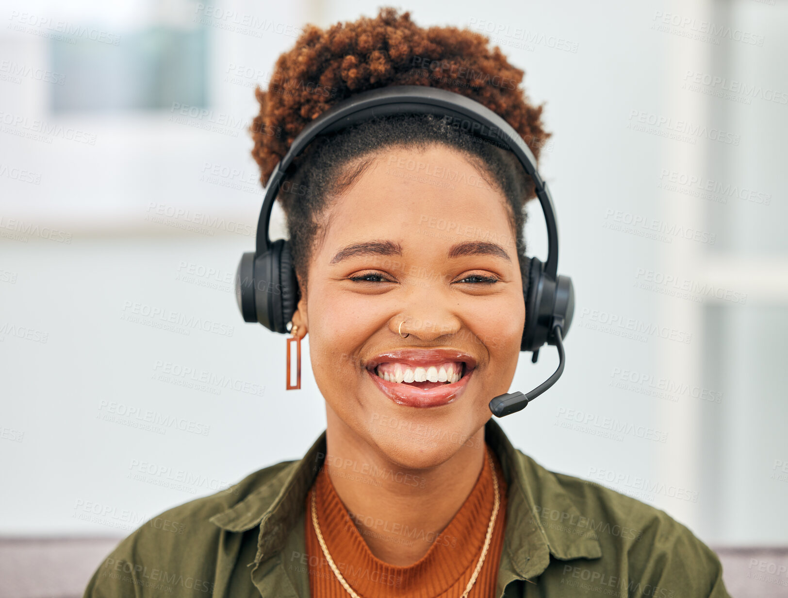 Buy stock photo Call center, black woman and portrait of telemarketing agent smile with microphone in customer service, web support or CRM. Face of happy female sales consultant for telecom questions, FAQ or contact