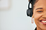 Mockup, portrait and face of a woman with headphones for music, advertising podcast or streaming radio. Happy, space and half face of a girl with a smile while listening or streaming sound or audio