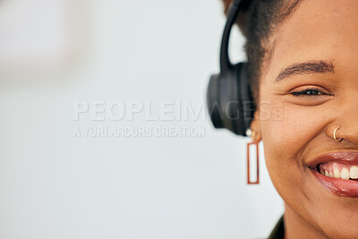 Buy stock photo Mockup, portrait and face of a woman with headphones for music, advertising podcast or streaming radio. Happy, space and half face of a girl with a smile while listening or streaming sound or audio
