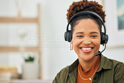 Buy stock photo Call center, happy black woman and portrait of telemarketing agent with microphone for customer support, CRM advisory or help. Face of female sales consultant for telecom questions, FAQ or contact us