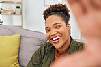 Portrait, happy black woman and selfie in home for fun while live streaming vlog in living room. Face of female gen z, profile picture and smile for memory on social media, content creation and relax