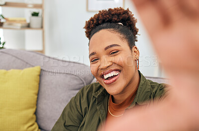 Buy stock photo Portrait, happy black woman and selfie in home for fun while live streaming vlog in living room. Face of female gen z, profile picture and smile for memory on social media, content creation and relax