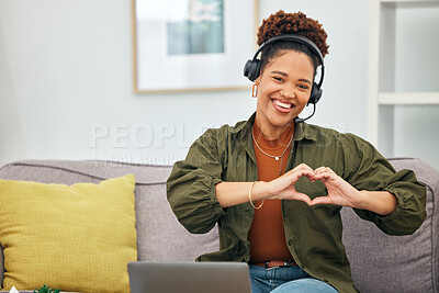 Buy stock photo Heart in hands, customer service and portrait of black woman on sofa for remote work, business and startup. Working from home, emoji and female person with hand sign for love, care and crm support