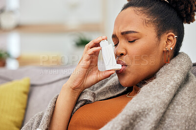 Buy stock photo Asthma pump, sick woman and breathe in health, medical cure or cough treatment of allergy problem. Face of African female person with oxygen inhaler for lungs, emergency medicine or help allergies