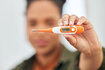 Fever, check temperature and woman with thermometer for flu, cold and and sick at home. Healthcare, medical testing and closeup of female person with measuring tool for virus, infection and illness
