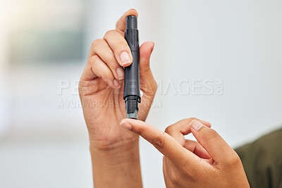 Buy stock photo Woman, hands and blood sugar test of diabetes, healthcare analysis or medical glucometer results. Closeup of person poke finger with needle to check insulin risk, monitor glucose or diabetic medicine