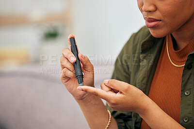 Buy stock photo Woman, hands and blood sugar pen for diabetes, healthcare testing or medical glucometer results. Closeup of person poke fingers with needle to check insulin, monitor glucose and diabetic medicine