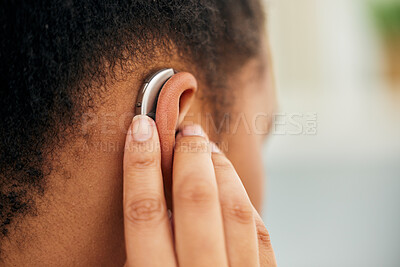 Buy stock photo Closeup of ear, hearing aid and person disability from the back for medical support, listening and healthcare technology. Deaf patient with audiology implant for sound waves, amplifier and innovation
